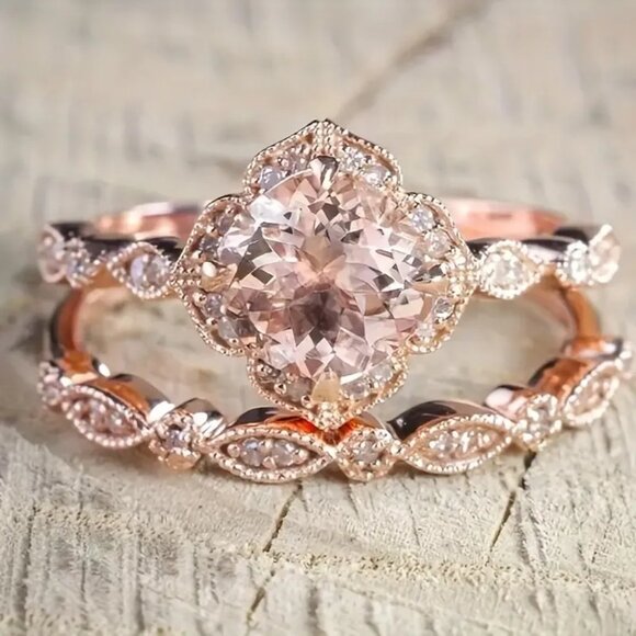 2 ct Round Cut Morganite & moissanite diamond Bridal Engagement Wedding Ring Set - Picture 1 of 7